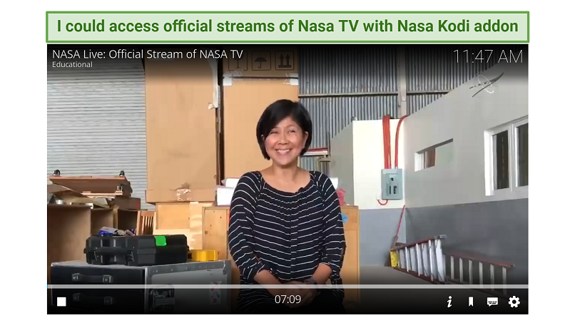 A screenshot showing you can use the Nasa Kodi addon to access official streams from Nasa
