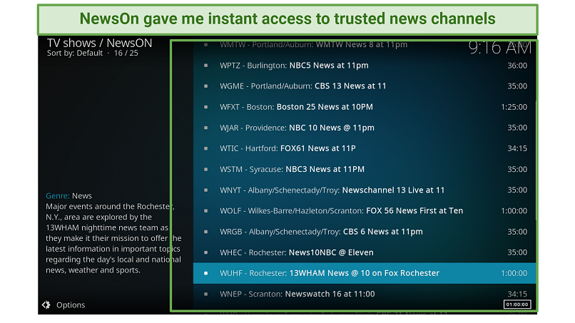 A screenshot showing you can use the NewsOn Kodi addon to stream trusted news channels across the US.