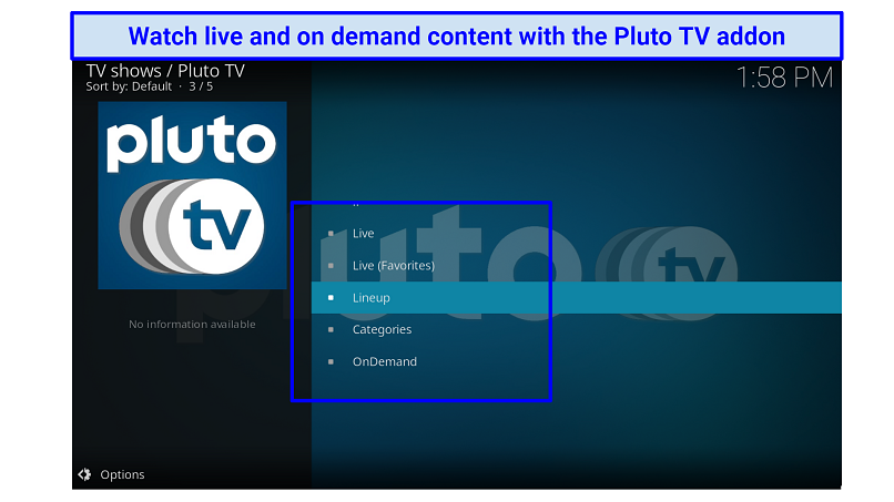 A screenshot showing the multi-category Pluto TV's addon.