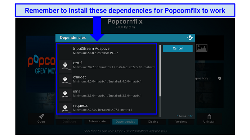 A screenshot showing you must install other dependencies for the Popcornflix addon to work