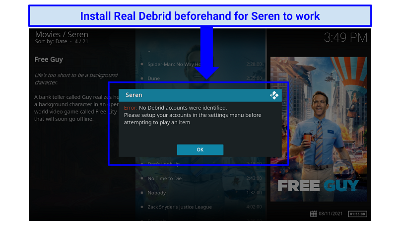 A screenshot showing Seren requires Real Debrid to work.