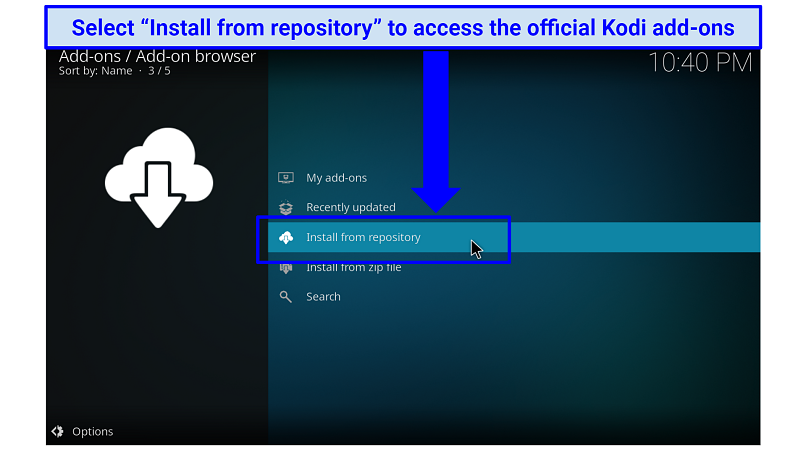 A screenshot showing the option you should click to access official Kodi add-ons