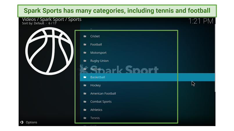 A screenshot showing Spark Sports Kodi addon provide a wide variety of sporting events