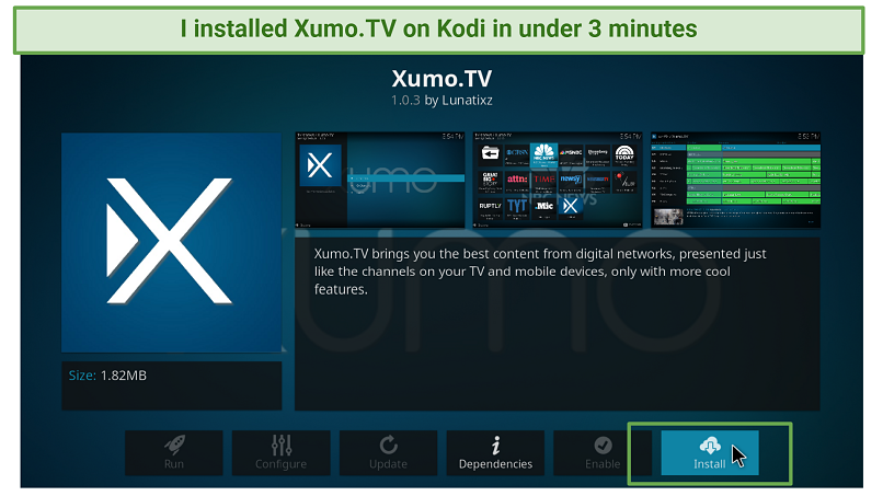 A screenshot showing you can install Xumo.TV addon on Kodi