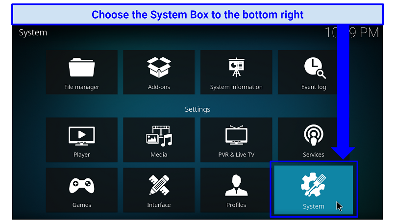 A screenshot showing Kodi's System box that takes you to the add-on area