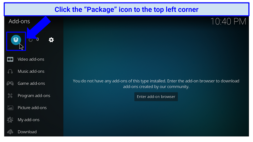 A screenshot showing the package icon you should click to access an area that has Kodi add-ons