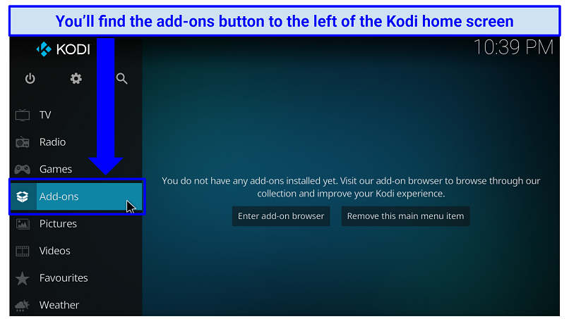 A screenshot showing the Add-on button to click to the left of the Kodi home screen to install official Kodi add-on