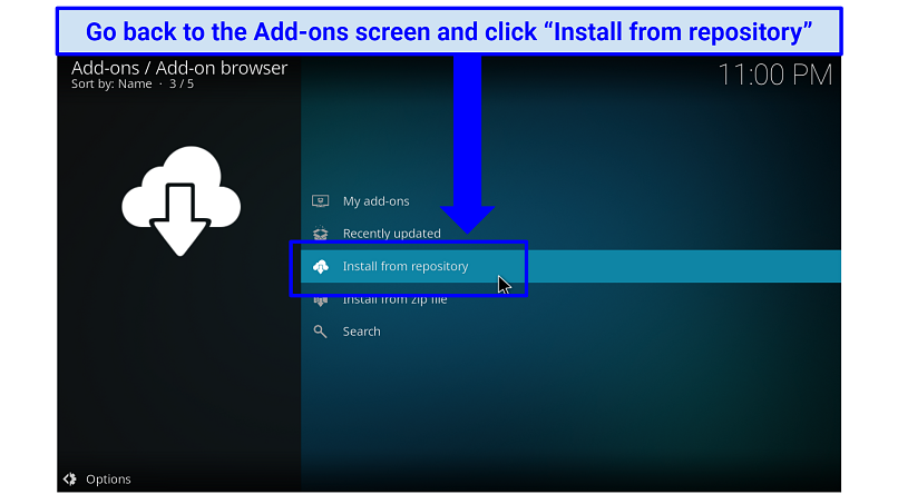 A screenshot showing where to find external Kodi repositories once you install them