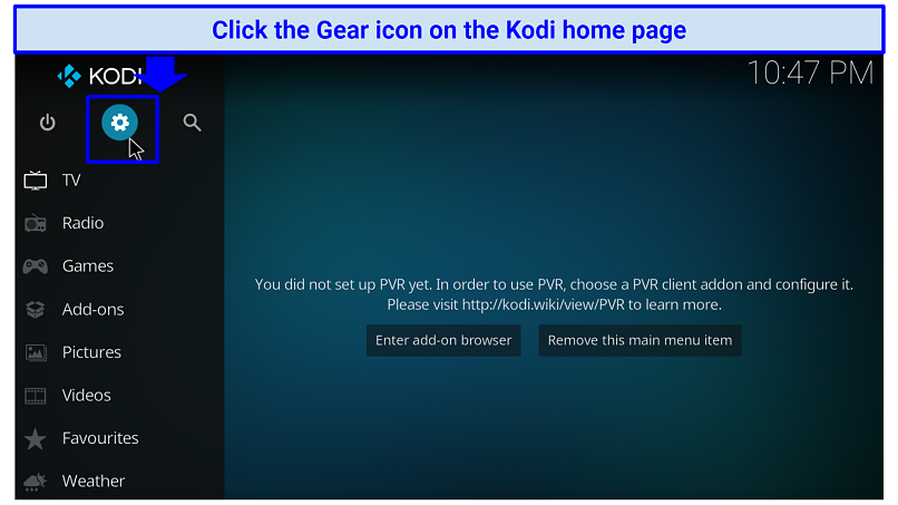 A screenshot showing the gear icon that you should click to install Kodi add-ons from third-party repositories