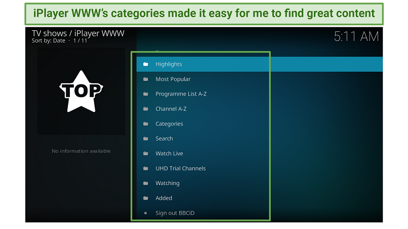 A screenshot showing the iPlayer WWW Kodi addon has great content