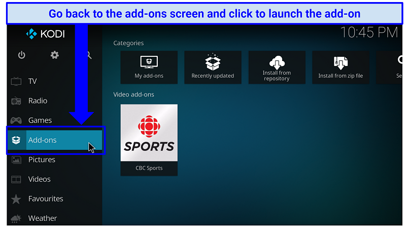 A screenshot showing where to find a Kodi add-on once you install it