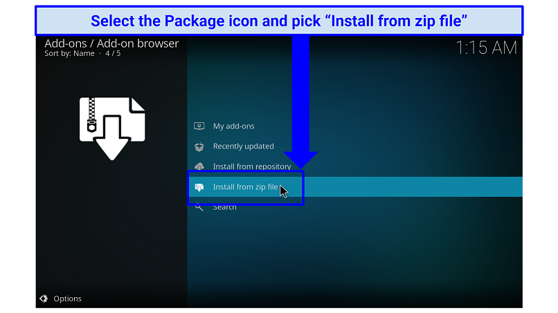 A screenshot showing the button you should click to install Kodi repositories from zip