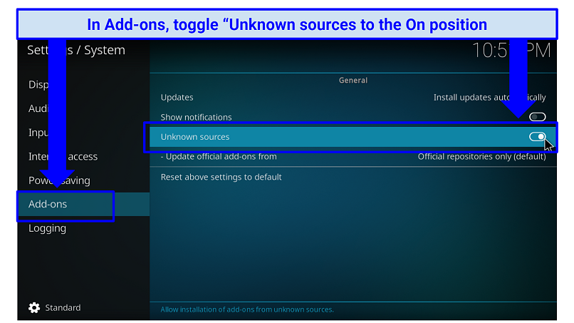 A screenshot showing you need to toggle Unkown source to ON to allow installation on third-party Kodi add-ons