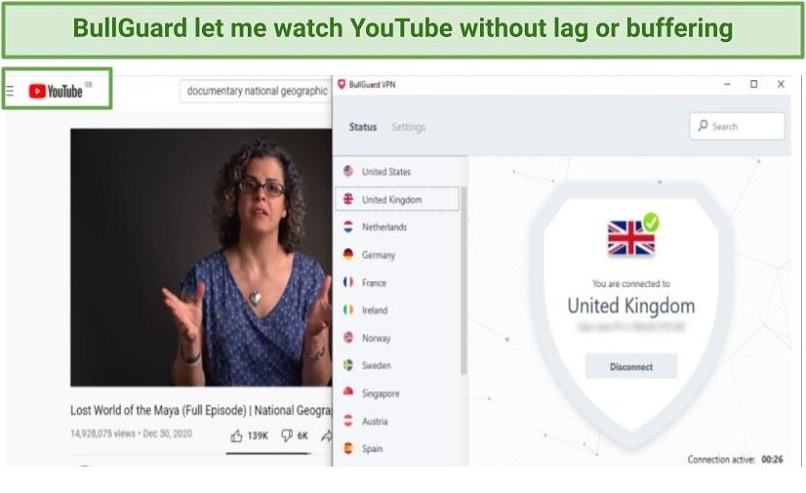 A screenshot of streaming YouTube with BullGuard