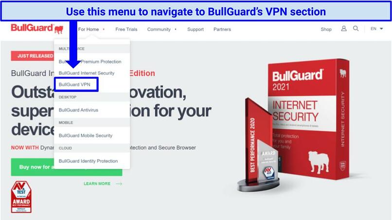 A screenshot of BullGuard VPN's website