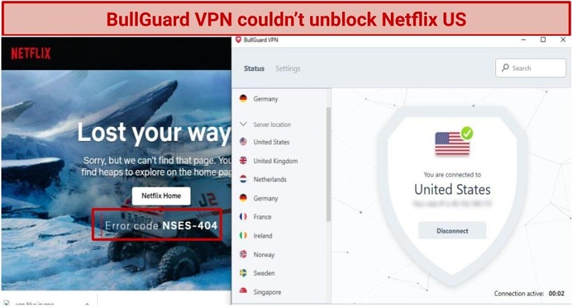 A screenshot showing that BullGuard VPN can't unblock Netflix