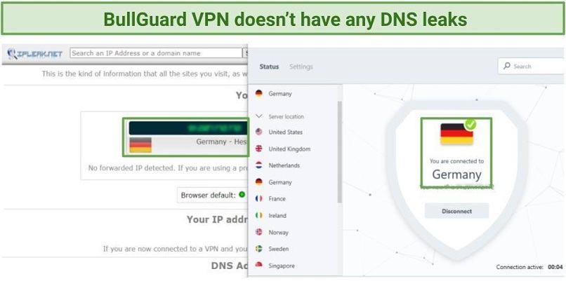 A screenshot showing that BullGuard doesn't leak your DNS