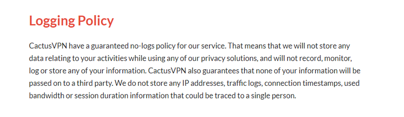 A screenshot of CactusVPN's privacy policy