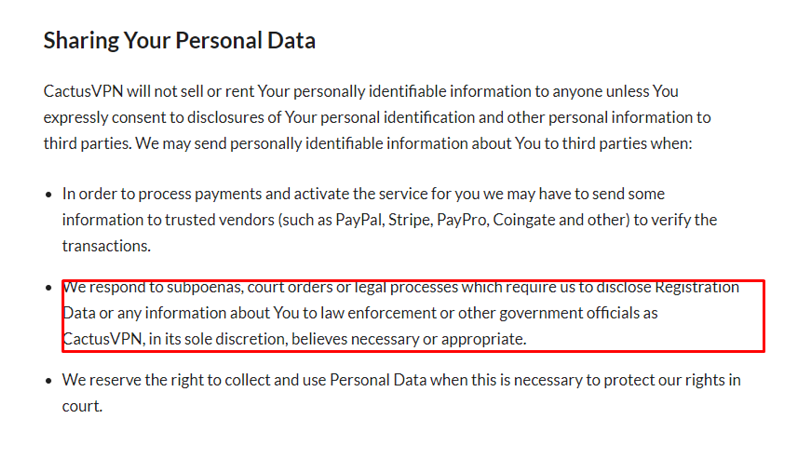 A screenshot of CactusVPN privacy policy