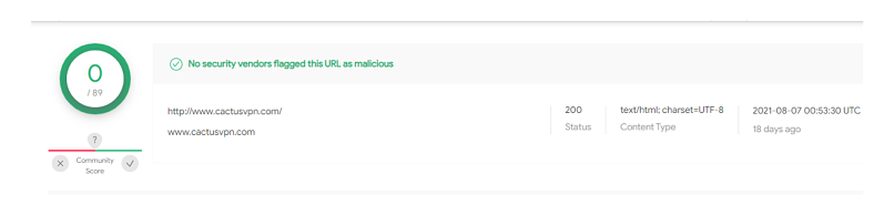 A screenshot of CactusVPN results on VirusTotal
