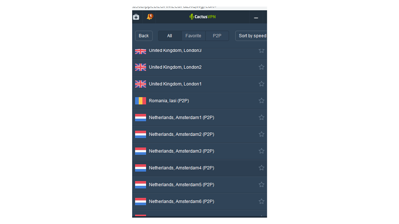 A screenshot of CactusVPN server list