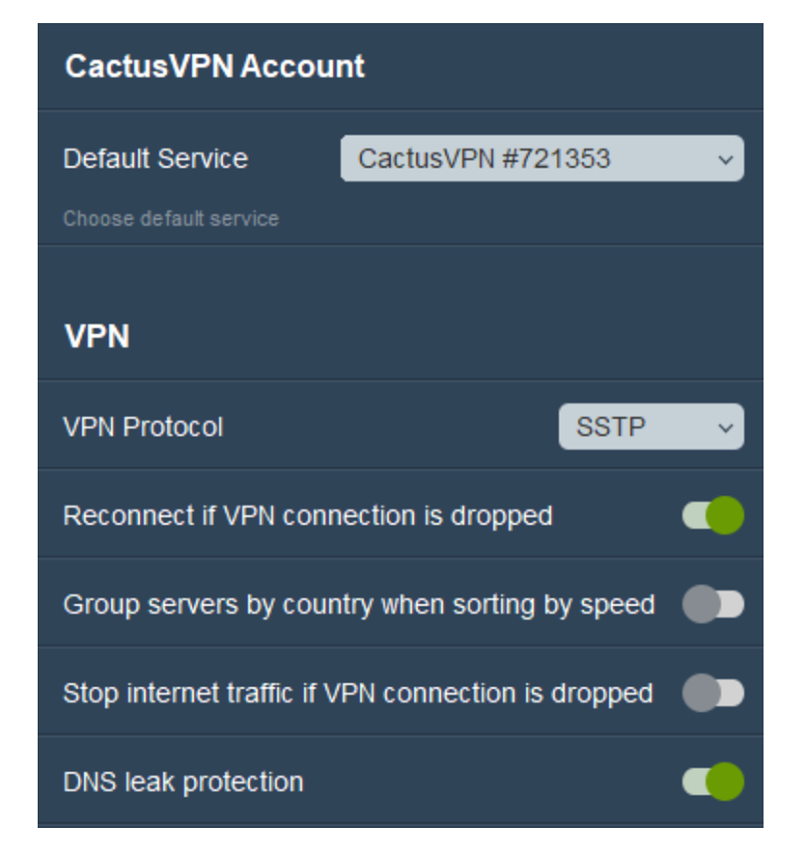 A screenshot of CactusVPN settings page
