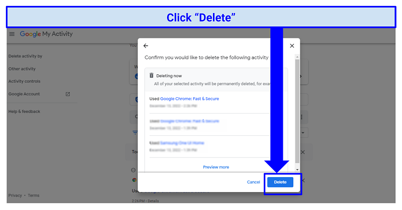 A screenshot of step 6 of deleting your Google account history