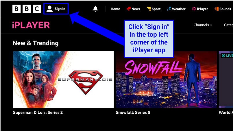 Screenshot showing the BBC iPlayer homepage and how to sign in or register an account