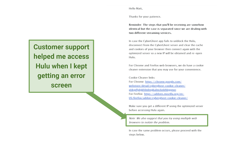 Screenshot of an email sent to me by the CyberGhost support staff troubleshooting problems connecting to Hulu.
