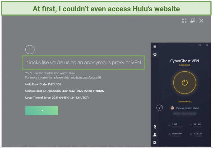 Screenshot of error screen when trying to access Hulu with CyberGhost.