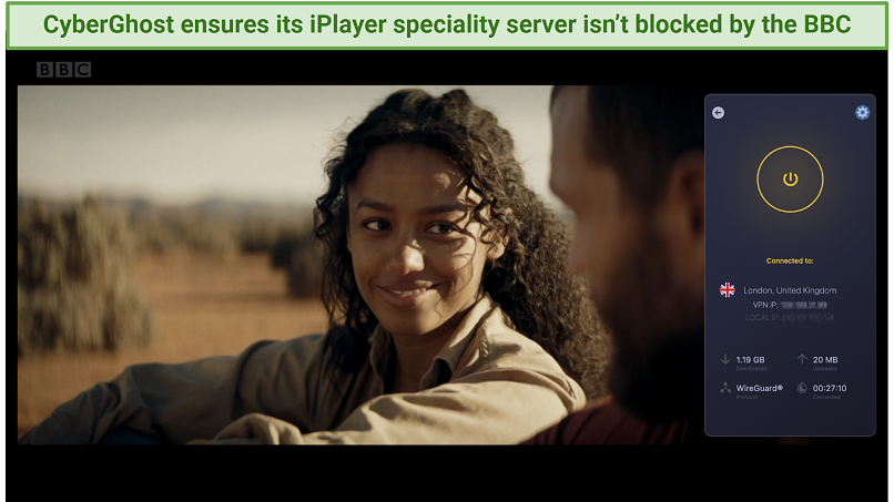 Screenshot showing the CyberGhost app connected to a UK server, streaming The Tourist on BBC iPlayer