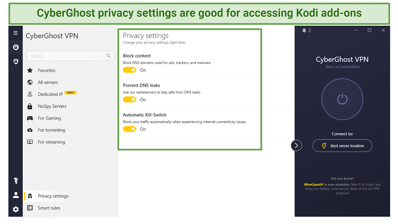 A screenshot showing CyberGhost setting are good for accessing Kodi add-ons