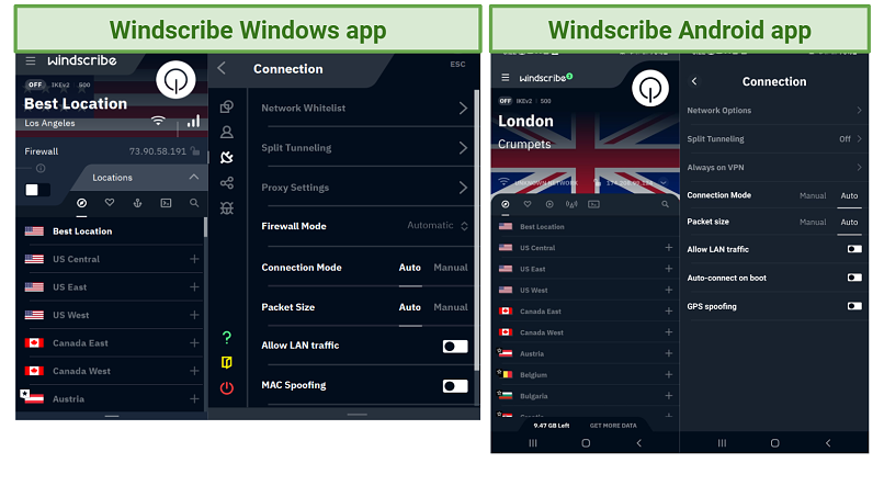 Screenshot of Windscribe's Windows and Android apps 