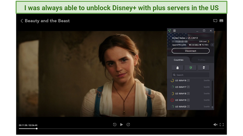 Screenshot of Disney+ player streaming Beauty and the Beast unblocked with ProtonVPN
