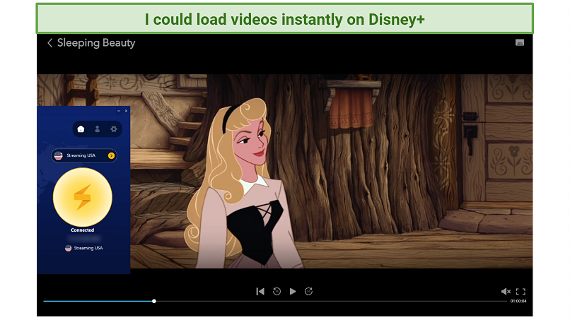 Screenshot of Disney+ player streaming Sleeping Beauty while connected to FastestVPN