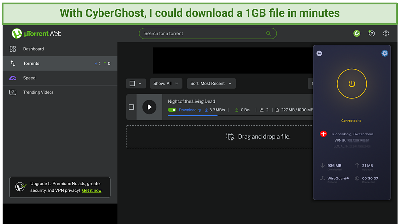 Screenshot showing the CyberGhost app connected to Switzerland - For downloading, over a uTorrent web client downloading a movie