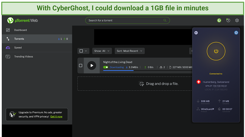 Capture d'écran montrant l'application Cyberghost connectée à la Suisse - pour téléchargement, sur un client Web Utorrent Téléchargement d'un film