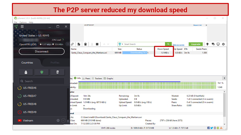 Screenshot of uTorrent app downloading Santa Claus Conquers the Martian while connected to ProtonVPN