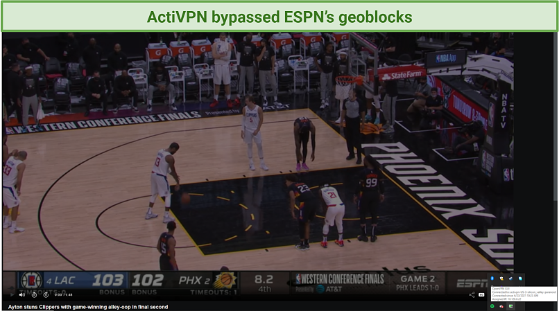 screenshot o ESPN player unblocked by ActiVPN