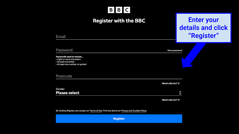 Screenshot showing the process for registering an account on iPlayer, and the screen where you have to enter your personal details