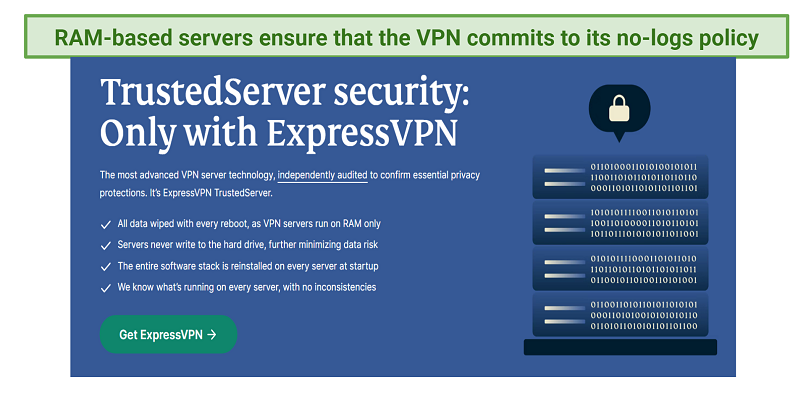 screenshot highlighting the features of ExpressVPN's TrustedServer technology