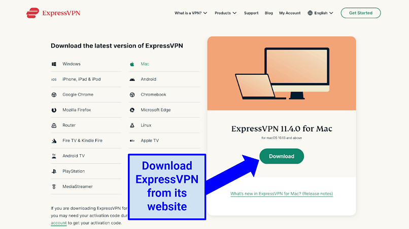 Screenshot of the ExpressVPN website, showing how to download the app with one click