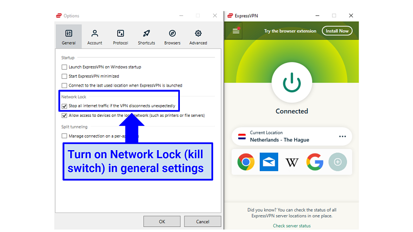 A screenshot showing ExpressVPN has a kill switch that prevents accidental exposure of your data when using Kodi add-ons
