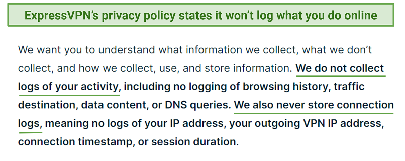 Screenshot of ExpressVPN's privacy policy highlighting what it does not collect