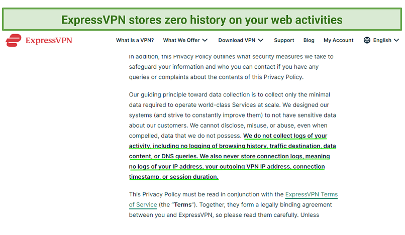 A screenshot of ExpressVPN's no logs policy showing no logs of your activity are stored.