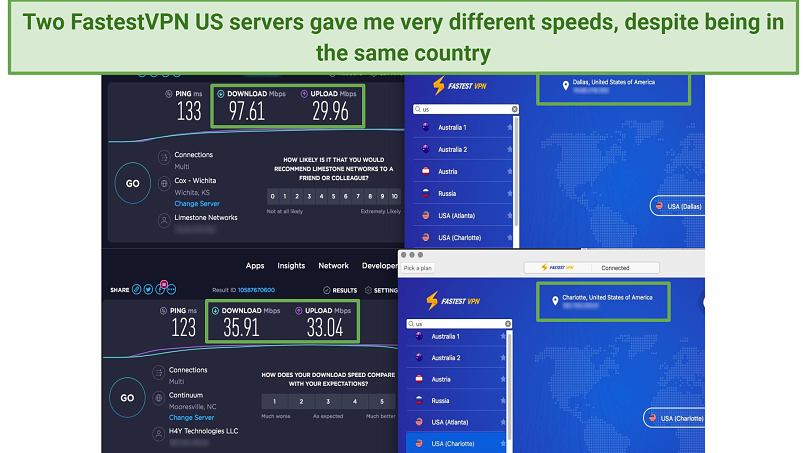 A screen shot showing speed test inconsistencies for FastestVPN servers in the US.