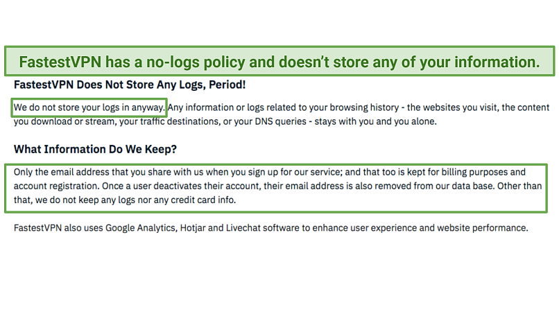 A screenshot of FastestVPN's privacy policy, with its no log guarantee highlighted.
