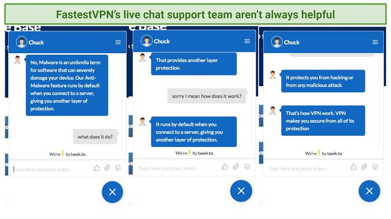 A screenshot of a conversation with FastestVPN's 24/7 live chat support.