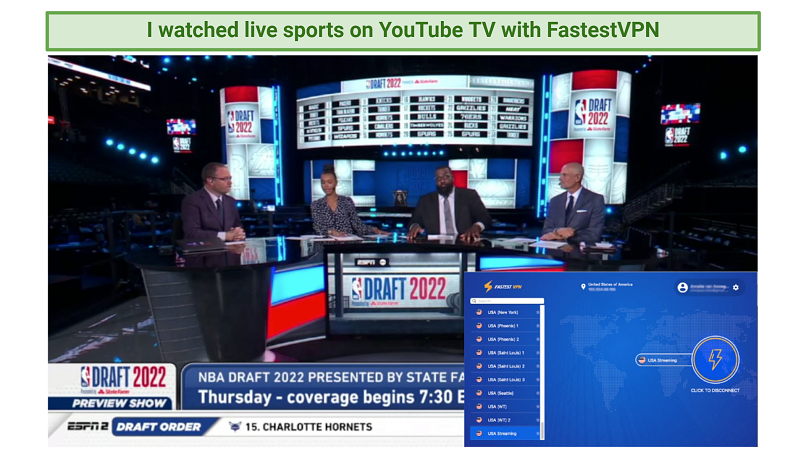 Screenshot of FastestVPN unblocking YouTube TV ESPN and streaming NBA Draft