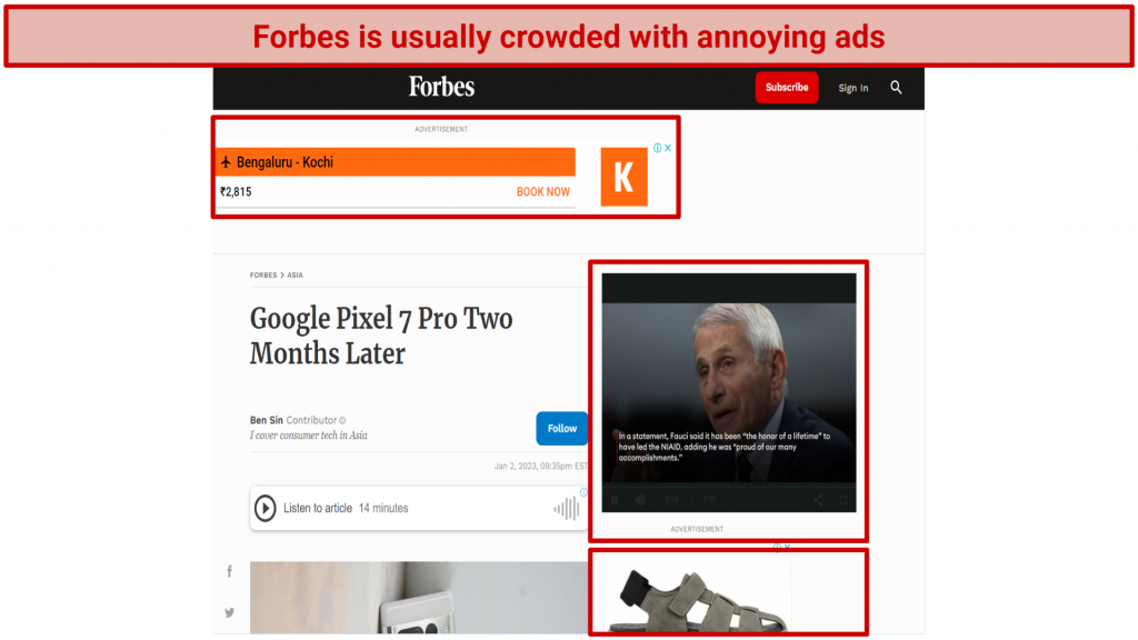 Forbescom before using Threat Protection, filled with ads